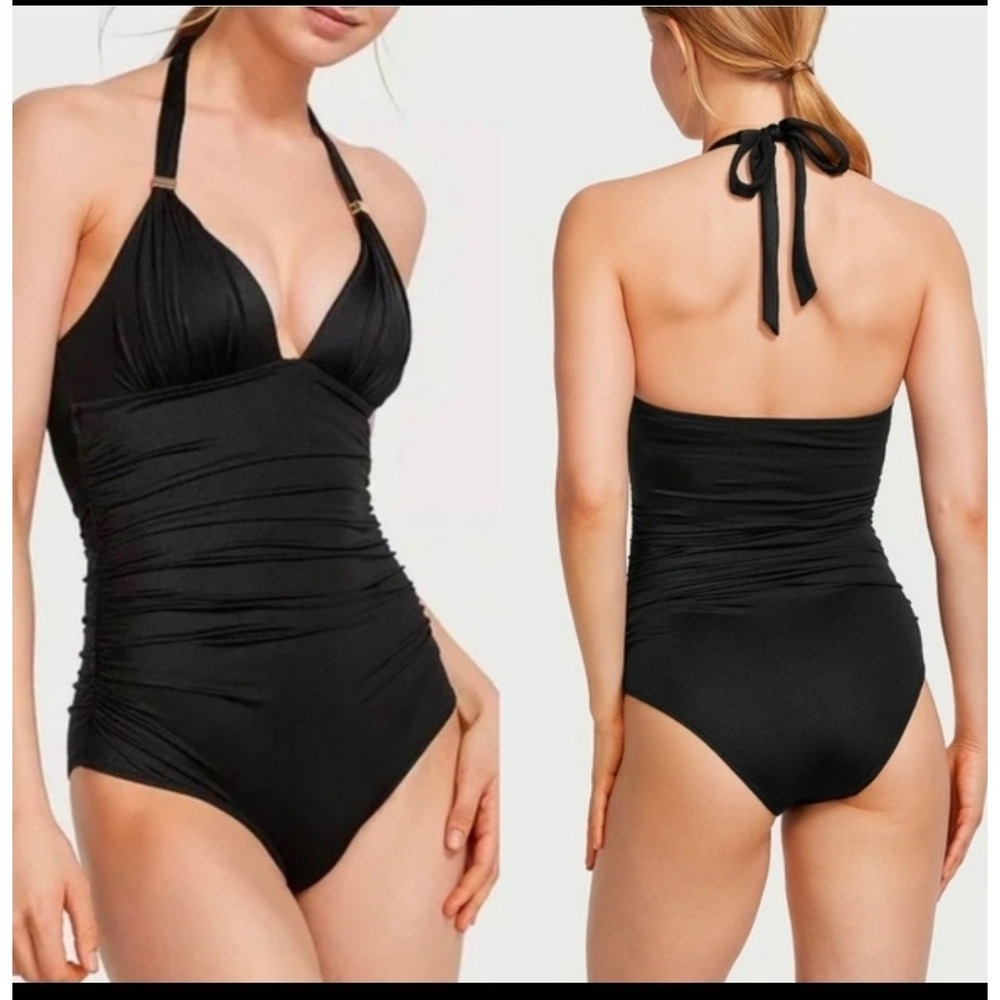 Victorias Secret Black Ruched Halter One Piece Swimsuit Gold‎ Hardware XL